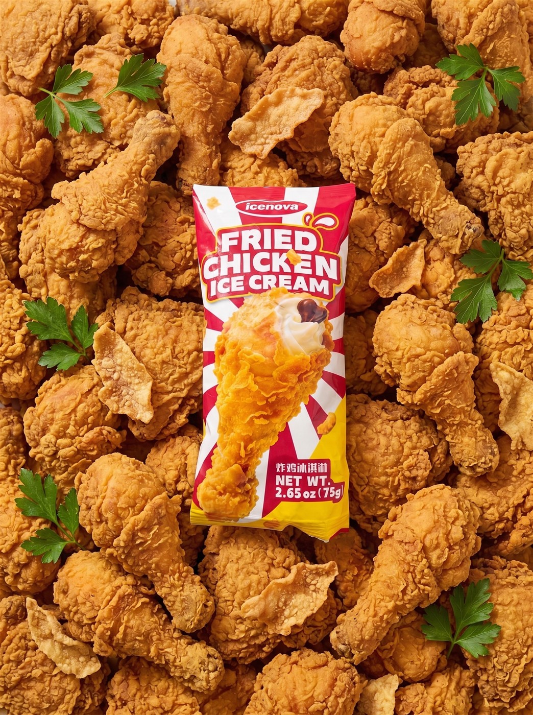icenova Fried Chicken Ice Cream package surrounded by fried chicken