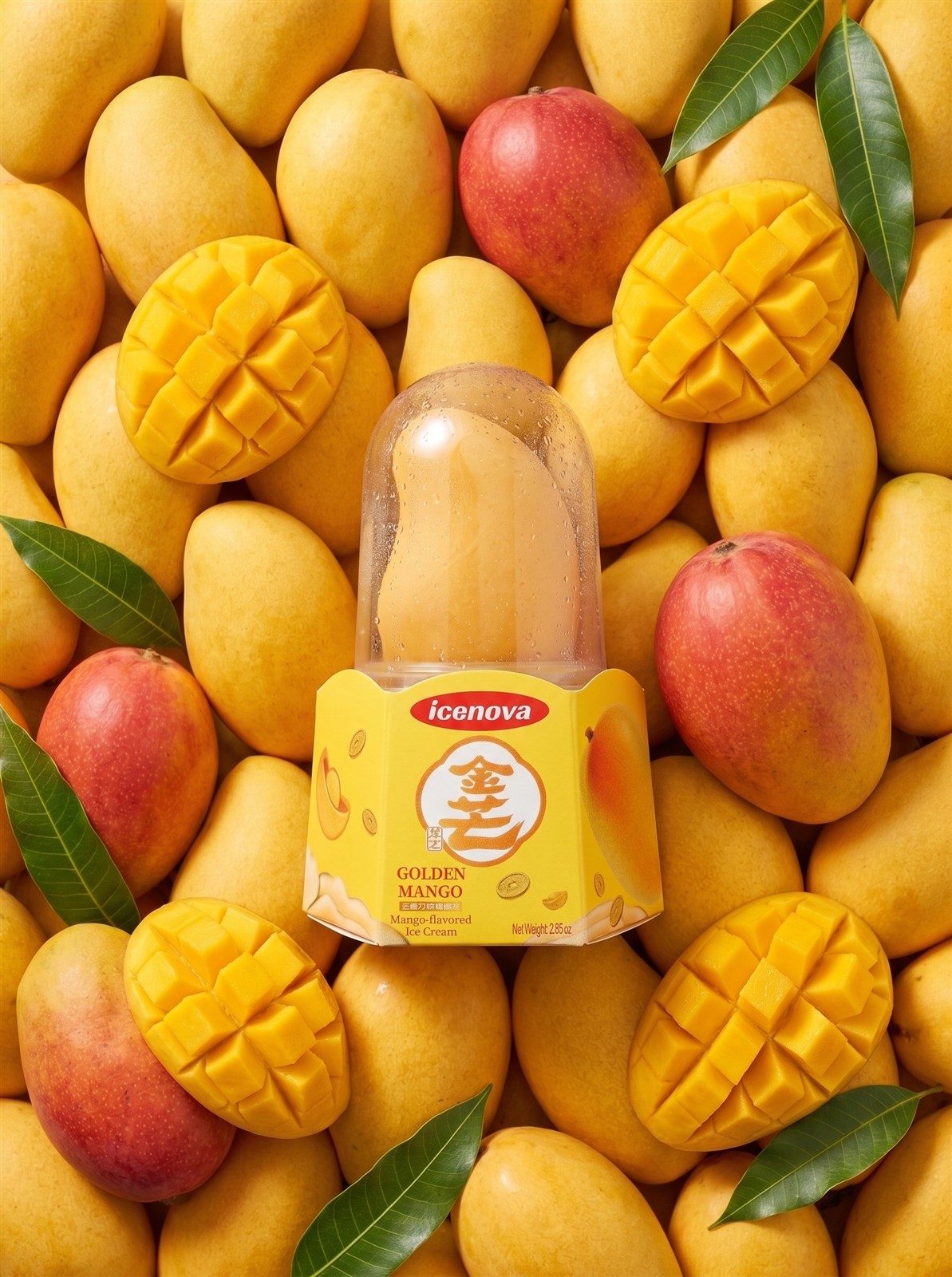 icenova Golden Mango ice cream surrounded by mangoes