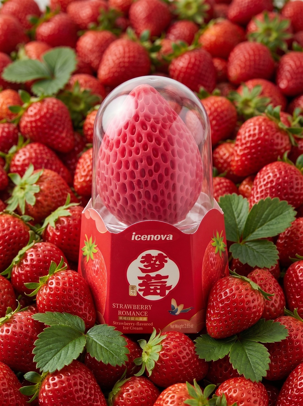 icenova Strawberry Romance ice cream surrounded by strawberries